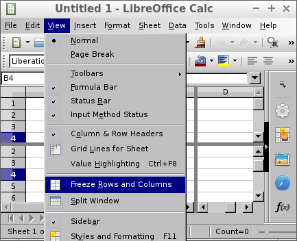 LibreOffice Calc ウインドウ枠の固定